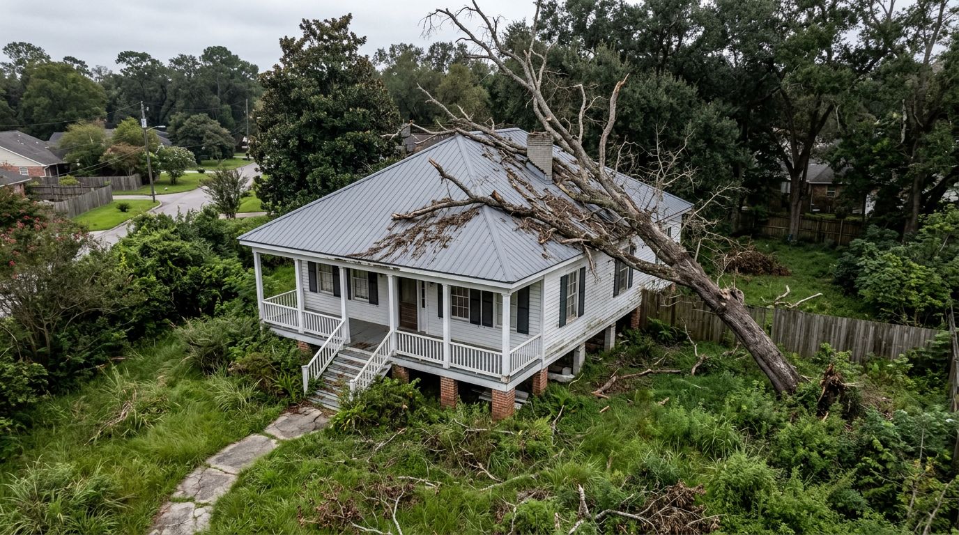 Illustration: a dead oak leaning over a raised Louisiana cottage
